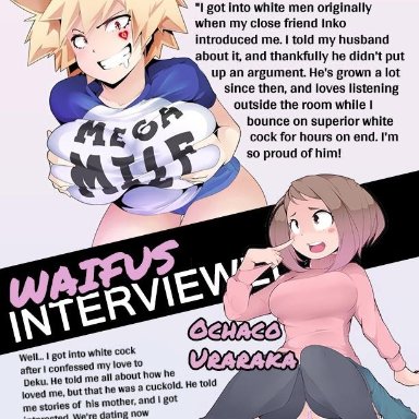 asian female, bleached, blonde hair, brown hair, bwc, caption, cuckold, magazine, mega milk, milf, mitsuki bakugou, my hero academia, netorare, ochako uraraka, queen of hearts