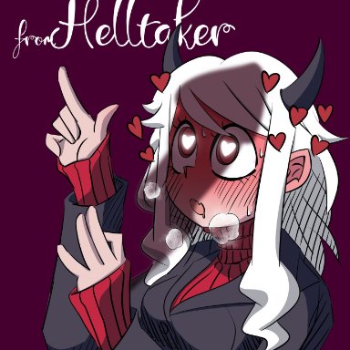 blush, demon, demon horns, demon tail, drooling, heart-shaped pupils, helltaker, horns, modeus (helltaker), modeus the lustful demon, nekoring, penis awe, saliva, spoken heart, steam