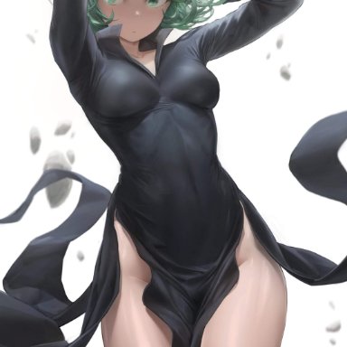 arms behind head, arms up, breasts, dress, female, female only, green eyes, long sleeves, looking at viewer, medium breasts, one-punch man, pelvic curtain, simple background, tatsumaki, thick thighs