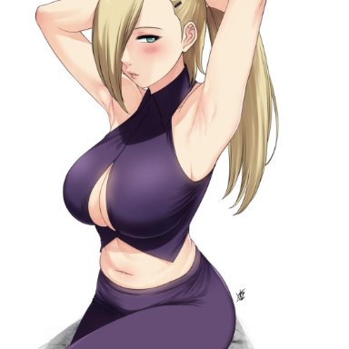 1girls, adjusting hair, armpits, arms up, big breasts, blonde hair, blue eyes, blush, boruto: naruto next generations, breasts, cleavage cutout, clothing, female, female only, hair over one eye