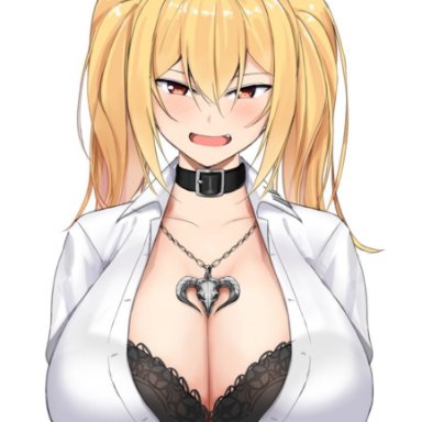 1girl, 1girls, big breasts, black bra, blonde hair, bra, bra visible through clothes, breasts, cleavage, collar, female, female only, gigantic breasts, huge breasts, large breasts