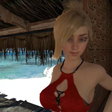 1girl, 1girls, 3d, animated, boobs, breast grab, breasts, disembodied hand, disembodied hands, gt scenes, island, looking at viewer, mercy, no sound, overwatch