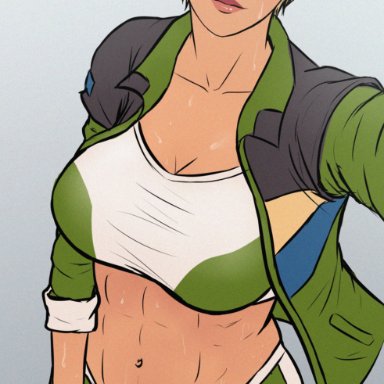 athletic, bare midriff, blonde hair, blue eyes, cassie cage, futanari, hakuboi, mortal kombat, mortal kombat 11, muscular, muscular futanari, selfie, solo futa, sweat, sweaty