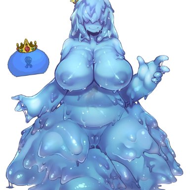 5 fingers, absorption vore, absurd res, alternate species, areola, bbw, big breasts, blue body, blue hair, blue nipples, blue skin, breasts, crown, curvy figure, dripping