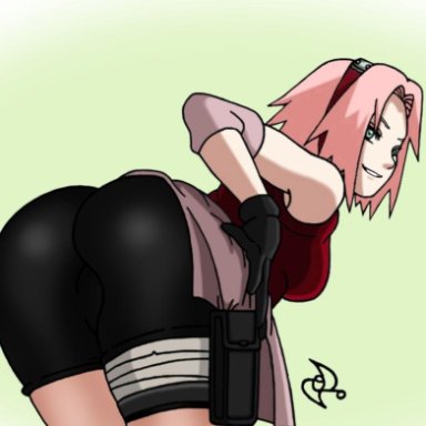 1girls, big breasts, huge ass, looking at viewer, naruto, naruto shippuden, omarsin, pink hair, posing, sakura haruno, smile, solo