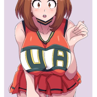 big breasts, brown eyes, brown hair, cheerleader, cheerleader uniform, female, female only, looking at viewer, my hero academia, nipples visible through clothing, ochako uraraka, senak012, short hair, solo, solo female