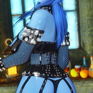 3d, animated, artist sexybono, ass, big ass, big breasts, blue hair, blue skin, character daedric pei, corset, garter straps, horns, latex, lingerie, skyrim