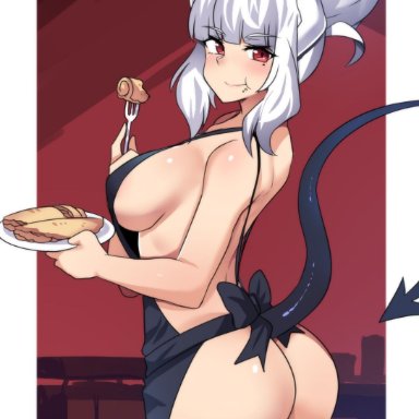 1girls, big ass, big breasts, demon girl, demon horns, demon tail, eye contact, female, helltaker, hinghoi, horns, huge breasts, looking at viewer, lucifer (helltaker), medium hair