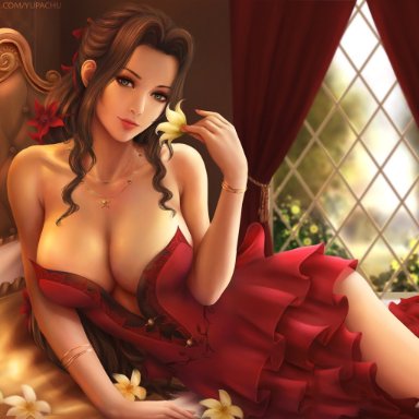 1girls, aerith gainsborough, big breasts, breasts, brown hair, cleavage, dress, female, female only, final fantasy, final fantasy vii, final fantasy vii remake, flower, flower in hair, green eyes