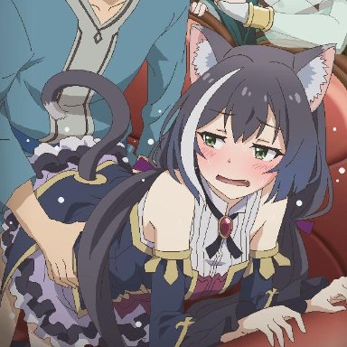 1boy, 2girls, all fours, animal ear fluff, animal ears, bangs, black hair, blush, breasts, brooch, cat ears, cat girl, cat tail, clothed sex, detached sleeves