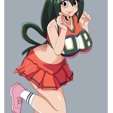 big breasts, black eyes, cheerleader, cheerleader uniform, female, female only, frog girl, frog tongue, green hair, long hair, long tongue, looking at viewer, my hero academia, senak012, smile