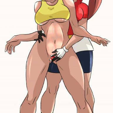 2019, 2girls, abs, aged up, alternate breast size, alternate hairstyle, animated, artist request, bandana, blush, bottomless, breasts, brown hair, clothed, covered pussy