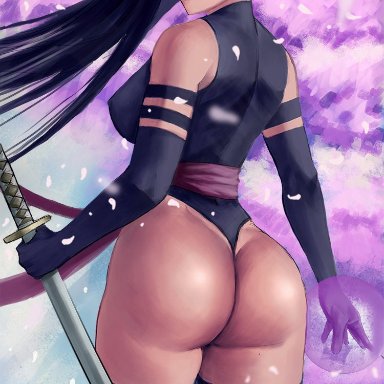 1girl, belt, big ass, big butt, dark hair, falling leaves, gloves, large breasts, looking at viewer, looking back, marvel, marvel comics, psylocke, solo, x-men