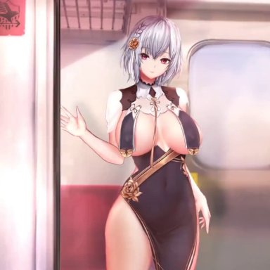 1girl, 1girls, 2boys, anal, animated, anus, ass, azur lane, big breasts, clothed, clothed sex, clothing, cowgirl position, cum, double penetration