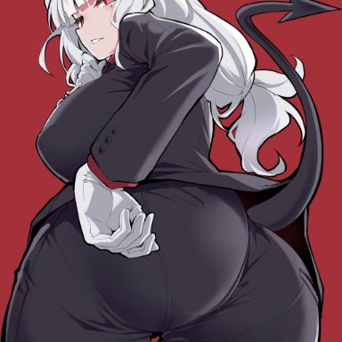 1girls, ass, big ass, big breasts, cle masahiro, demon, demon tail, eye contact, female, gloves, helltaker, horns, huge ass, huge breasts, huge thighs