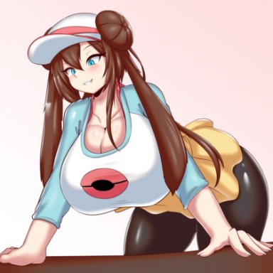 1girls, aged up, alternate breast size, aqua eyes, bent over, big breasts, black leggings, blue eyes, blush, brown hair, cleavage, clothed, double bun, female, female only