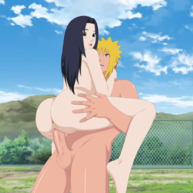 1boy, 1girls, ass, black eyes, blue eyes, blue hair, darkalx, feet, female, male, namikaze minato, naruto, naruto (series), naruto shippuden, open mouth