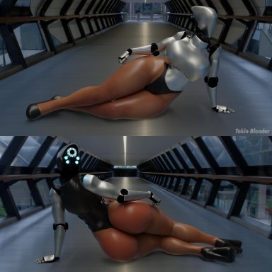 armor, ass, ass focus, big ass, big breasts, blender, brown hair, bubble butt, cyborg, dark-skinned female, haydee, haydee (game), highres, huge ass, huge breasts