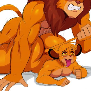 anthro, big ass, big butt, father and son, from behind, from behind position, furry, gay, gritted teeth, lion, looking pleasured, male/male, mufasa, pulling tail, simba