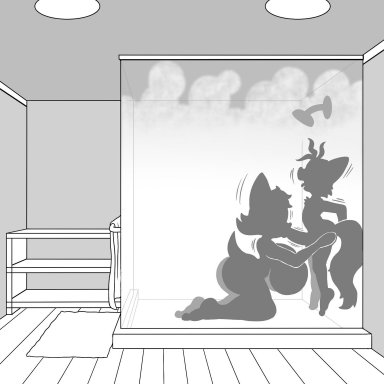 1boy, 1girls, against wall, anthro, bath, big breasts, blowjob, kneeling, larger female, michiyoshi, monochrome, perspective, pleasured, rouge the bat, sega