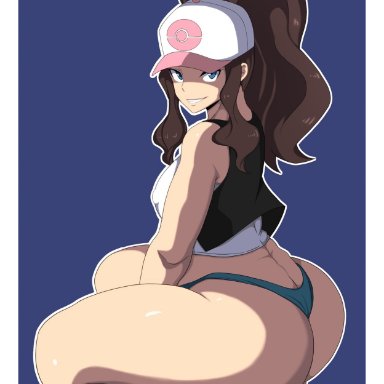 1girls, ass, big ass, big breasts, blue eyes, blue thong, bottom heavy, brown hair, curvaceous, eye contact, female, hat, hilda (pokemon), huge ass, huge thighs