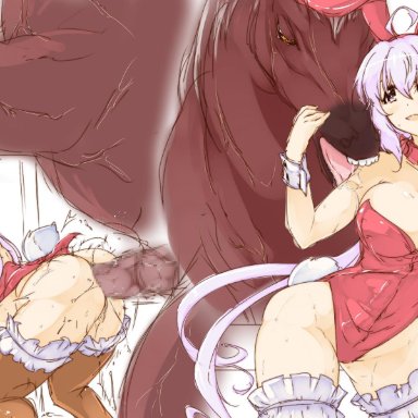 ahoge, anal, animal, animal ears, ass, breasts, brown legwear, bunny ears, bunny girl, bunny tail, bunnysuit, cum, detached collar, doggy style, female