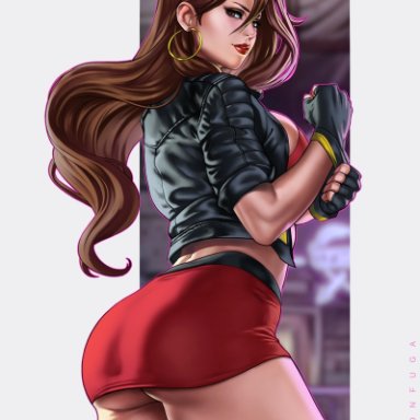 1girls, ass, big ass, blaze fielding, breasts, brown eyes, brown hair, dandon fuga, female, female only, long hair, looking at viewer, looking back, mini skirt, sega