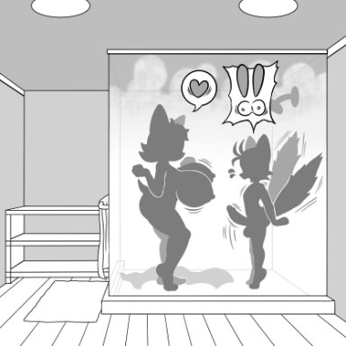bath, bathroom, big breasts, erect penis, erection, michiyoshi, miles prower, rouge the bat, sega, shower, sonic (series), standing up, tails, water, wet
