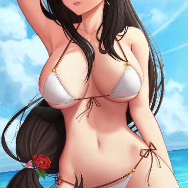 bangs, beach, big breasts, bikini, breasts, brown hair, dark brown hair, earrings, female only, final fantasy, final fantasy vii, final fantasy vii remake, flower, hair, hair ornament