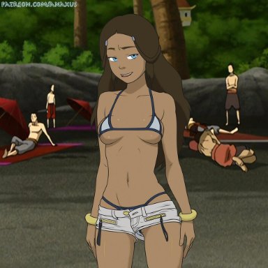 1girl, 1girls, anaxus, avatar the last airbender, beach, bikini, blue eyes, booty shorts, bracelet, breast squeeze, breasts, brown hair, buttons, clothed, daisy dukes