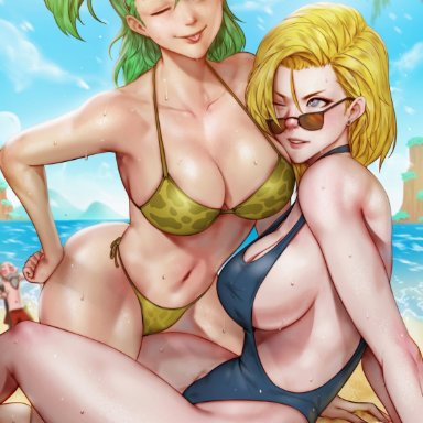 2girls, android 18, blonde hair, blue eyes, bulma briefs, cameltoe, cleavage, curvy, dragon ball, erect nipples, female, hibren, huge areolae, huge ass, huge breasts