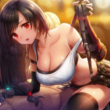 1girls, abs, armor, belts, big breasts, black hair, blush, cleavage, clothed, compression sleeve, couch, earrings, female only, final fantasy, final fantasy vii