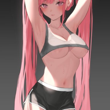 areolae, armpits, blush, breasts, female, female only, hi res, midriff, nipple slip, pink eyes, pink hair, short shorts, shorts, sports bra, stomach