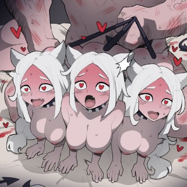 1boy, 4girls, ah-lyong lee, ahe gao, animal ears, ass, black horns, black tail, blush, cerberus (helltaker), choker, demon horns, demon tail, dog ears, dog girl