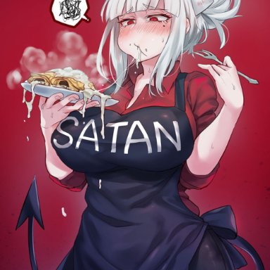 apron, bangs, blunt bangs, blush, breasts, cum, cum in mouth, cum on food, cumdrip, demon girl, demon horns, demon tail, female, food, gokkun