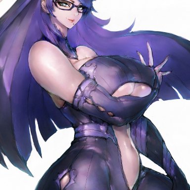 bayonetta, bayonetta (character), big breasts, black hair, female, female only, fumio (rsqkr), long hair, mature female, nipples, nipples visible through clothing, solo, solo female, solo focus