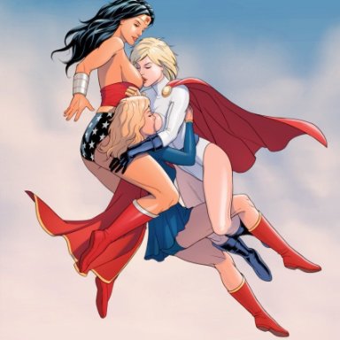 3girls, ass, blonde hair, boots, breast sucking, breasts, costume, dc, dc comics, diana prince, flying, kara danvers, kara zor-el, kara zor-l, karen starr