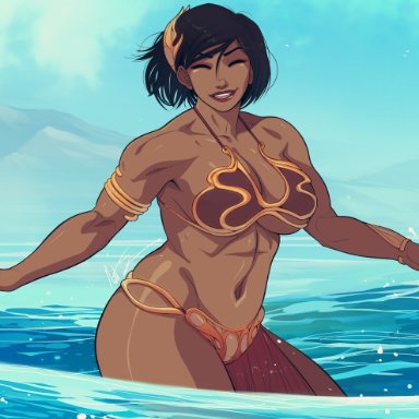 armlet, avatar the last airbender, bare midriff, biceps, big breasts, bikini, breasts, busty, cleavage, closed eyes, cosplay, dark skin, dark-skinned female, eyelashes, eyeliner