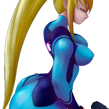 big breasts, blonde hair, bodysuit, female, female only, long hair, lyn nyl, metroid, ponytail, samus aran, solo, solo female, solo focus, zero suit, zero suit samus