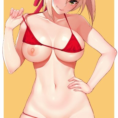 ahoge, bangs, bikini, bikini lift, blonde hair, blush, border, braid, breasts, cocq taichou, fate (series), fate/extra, female, french braid, green eyes