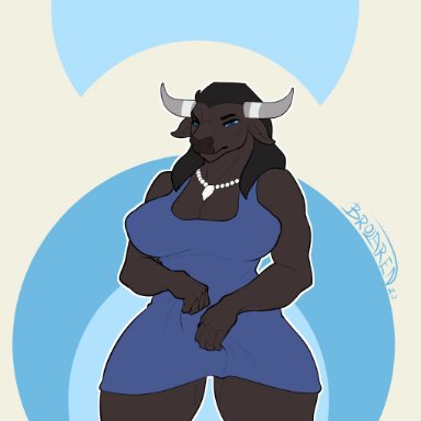 2d animation, animated, anthro, areola, big breasts, blue eyes, bouncing breasts, bovid, bovine, breast squish, breasts, brolaren, brolaren (artist), brown body, brown fur