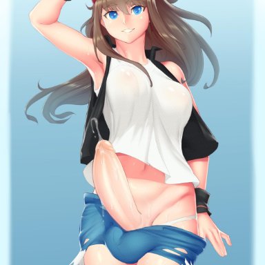 1futa, abs, absurd res, arm up, armpits, balls, balls in shorts, belly, big breasts, big penis, big tesitcles, blue background, blue eyes, brown hair, bulge