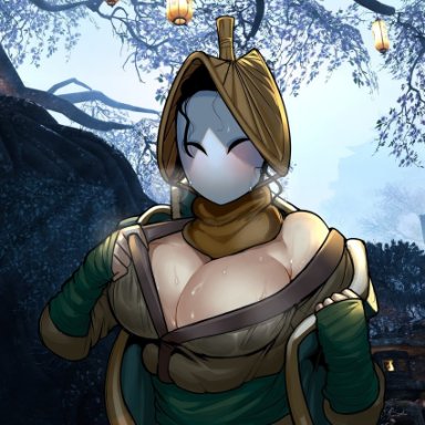 1girls, big breasts, blush, for honor, japanese clothes, krekk0v, mask, nobushi, outdoors, sweat, upper body