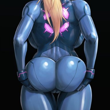 ass, ass grab, big ass, big breasts, black background, blonde hair, bodysuit, bottom heavy, bubble ass, bubble butt, cameltoe, dat ass, devil hs, female, female only