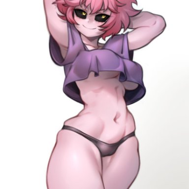 1girls, arms up, black panties, black sclera, blush, breasts, crop top, female, highres, horns, kelvin hiu, looking away, mina ashido, my hero academia, navel