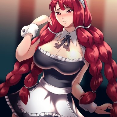 big breasts, brown eyes, fairy tail, female, female only, haryu (artist), irene belserion, maid, mature female, milf, red hair, solo, solo female, solo focus