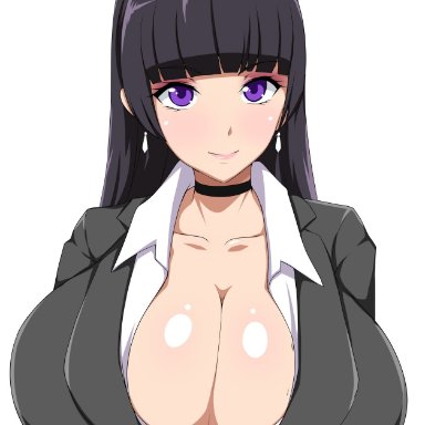 black hair, cleavage, dress, female, huge breasts, jabara tornado, long hair, looking at viewer, original, original character, painted nails, pendant, purple eyes, smiling