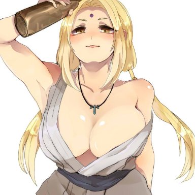 1girls, arm up, armpits, bare shoulders, blonde hair, bottle, breasts, brown eyes, cleavage, drunk, facial mark, female, female only, forehead mark, gemo (maru0903)