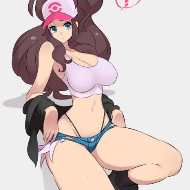 ?, 1girls, abs, aged up, alternate breast size, big breasts, black thong, blue eyes, brown hair, eye contact, female, female only, hat, hilda (pokemon), huge breasts