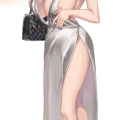 areola slip, areolae, azur lane, blue hair, blush, cleavage, cocktail dress, dress, earrings, exposed breasts, exposed nipples, flashing, flashing breasts, glitter, hair ornament